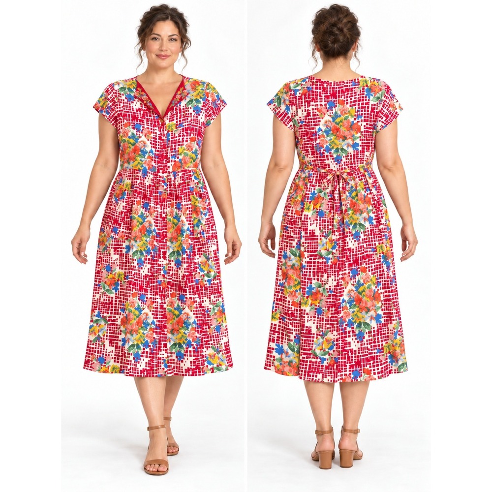 April Cornell Midi Dress Floral Embroidered Red White Women XL Cottagecore Boho